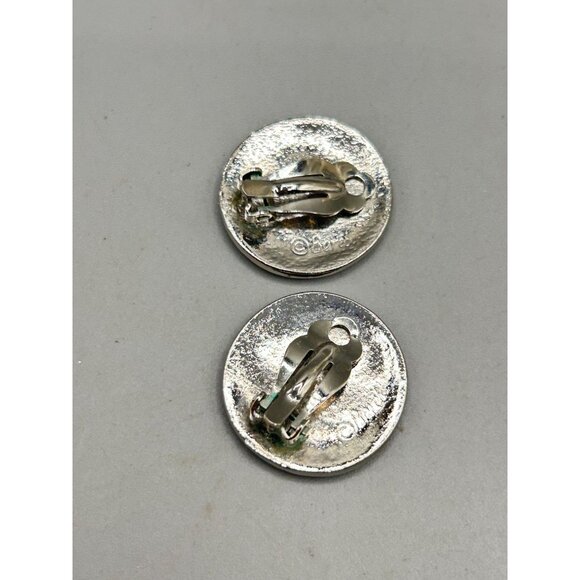 Berebi Vintage Green Enamel Silver Tone Round Clip-On Earrings 1" Diameter - Picture 4 of 6